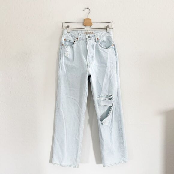 Levi’s Premium Ribcage Straight Ankle Light Wash High Rise Distressed Jeans - Picture 2 of 12